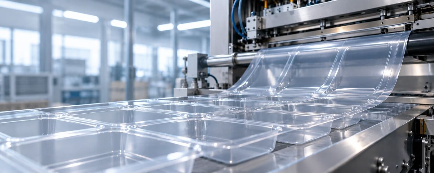 Barquetas transparentes recién termoconformadas saliendo de la línea de producción de Valdés